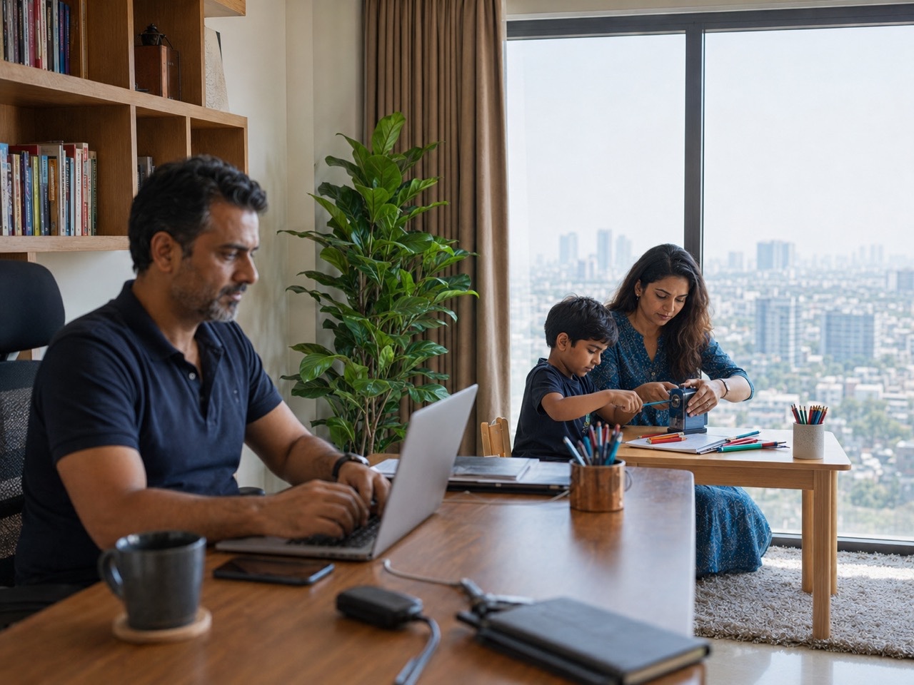 Indian Father Working While Mother Helps Child Study at Home | Royalty-Free image | Pixlaris