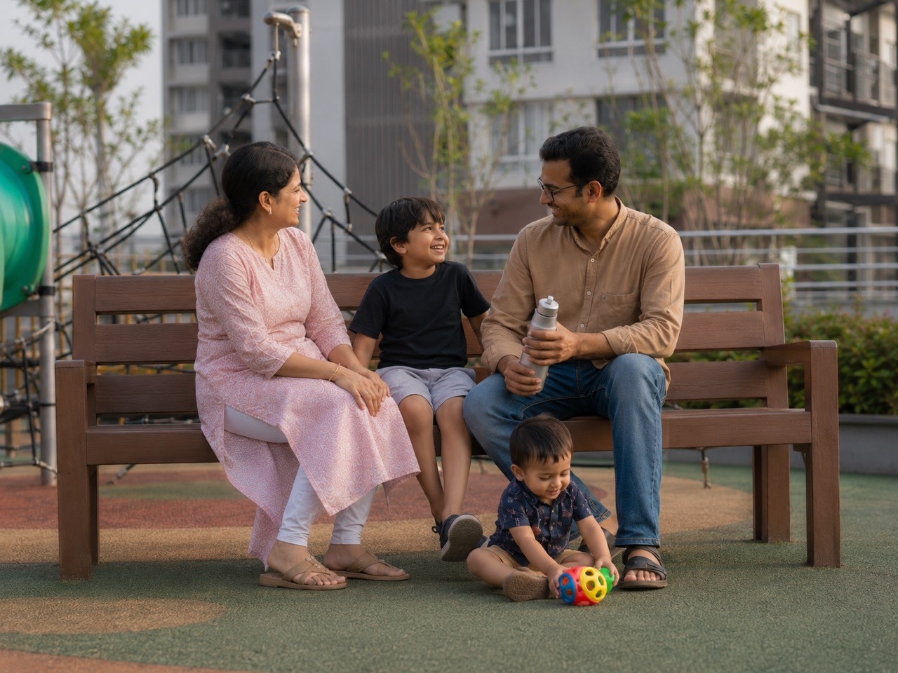 Indian Family Sitting on Playground Bench Together | Royalty-Free image | Pixlaris
