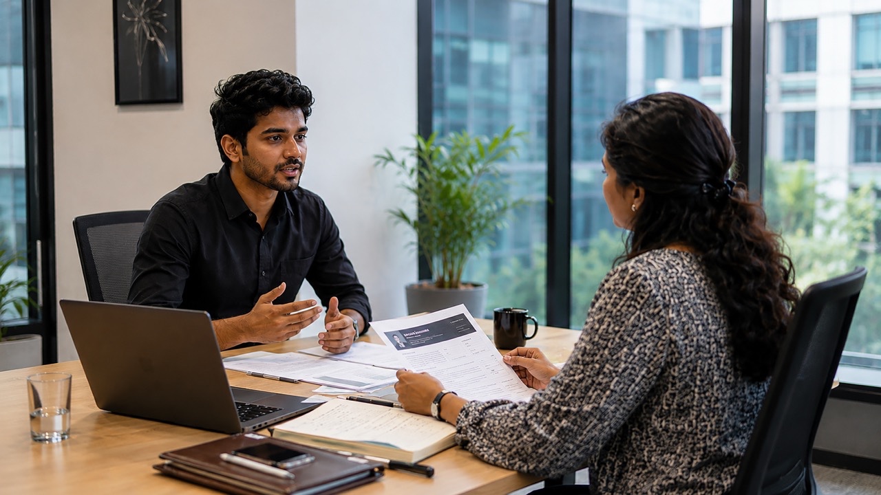 Indian Job Interview Between Recruiter and Software Developer in Modern Office Large