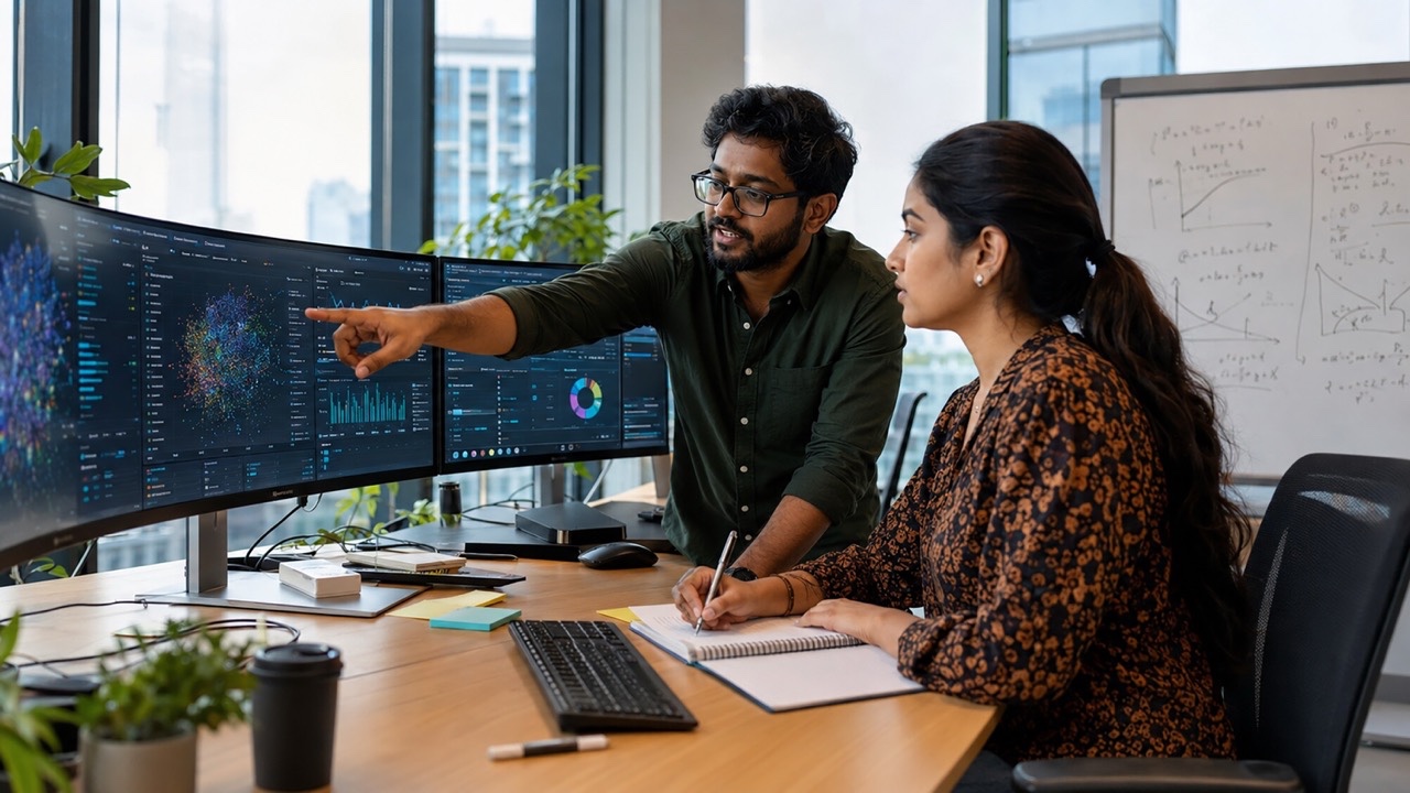 Indian Data Scientists Analyzing AI Dashboard and Machine Learning Visualization in Modern Office Large
