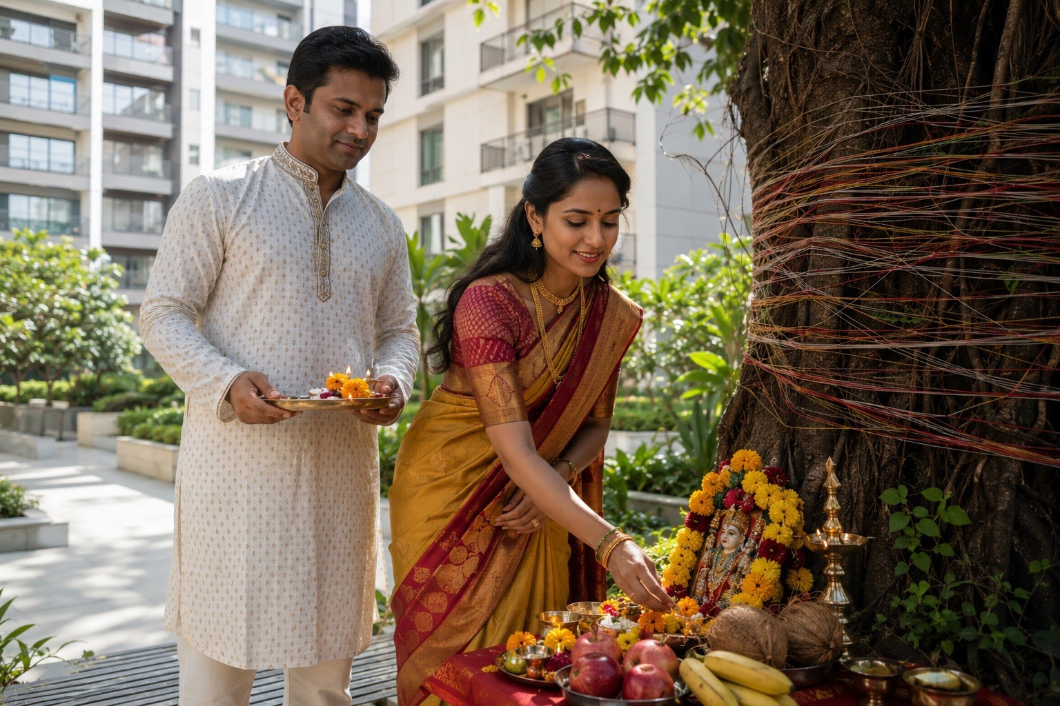 Indian Couple Performing Traditional Vat Purnima Puja at Sacred Banyan Tree in Modern Residential Society