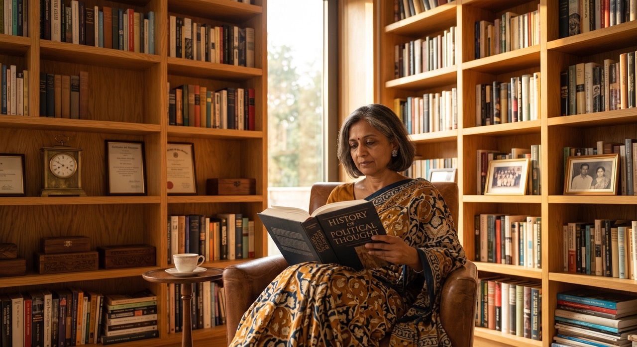 Senior Indian Woman Reading Book in Elegant Home Library Study Room Large